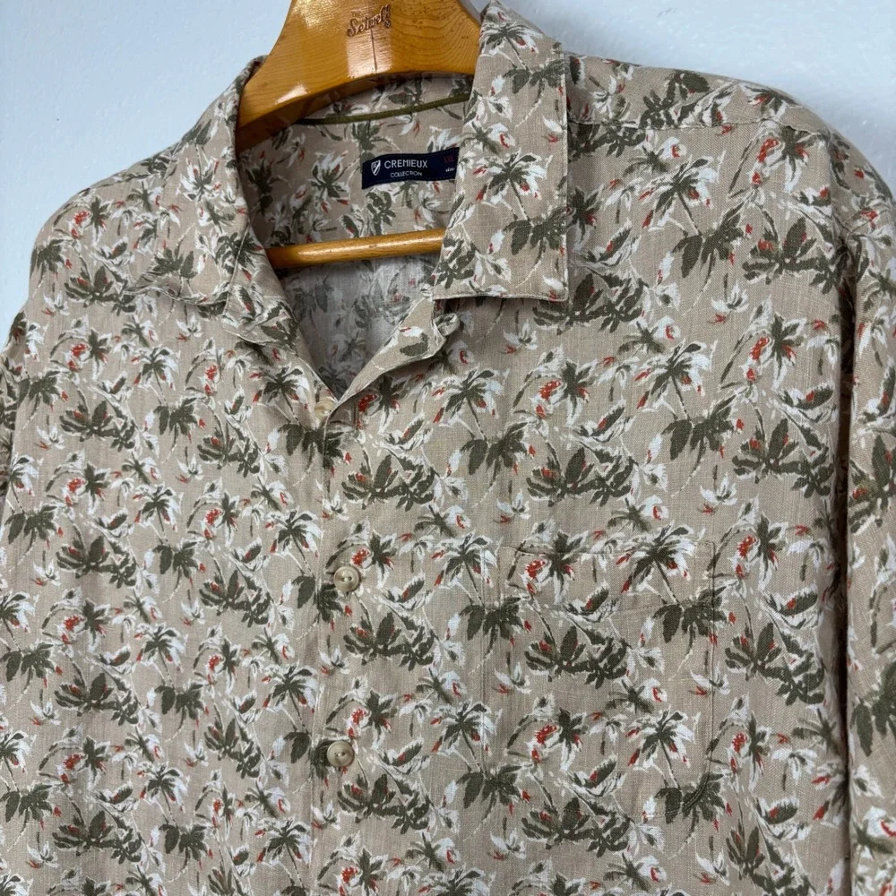 Cremieux 100% Linen Hawaiian Camp Shirt XXL Beige Tropical Palm Print